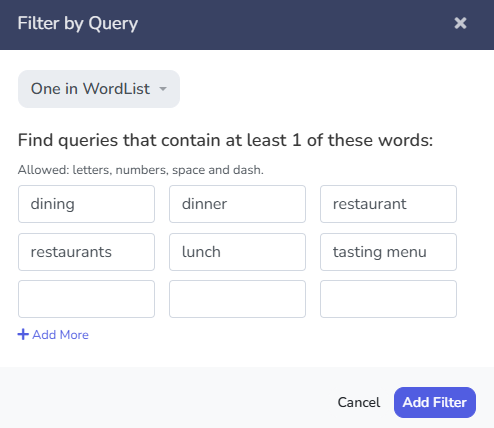 Query has to contain one of these words.